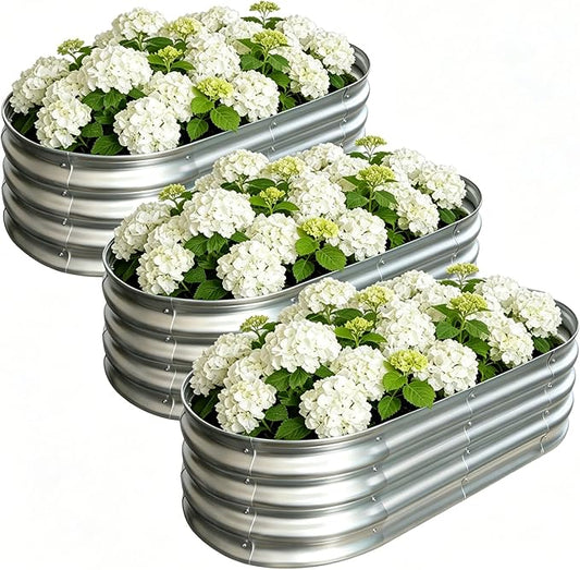 Galvanized Raised Garden Bed Outdoor, Large Raised Bed for Gardening, 3Pcs 4x2x1ft Oval Metal Planter Box for Vegetables, Fruits, Flowers, Silver