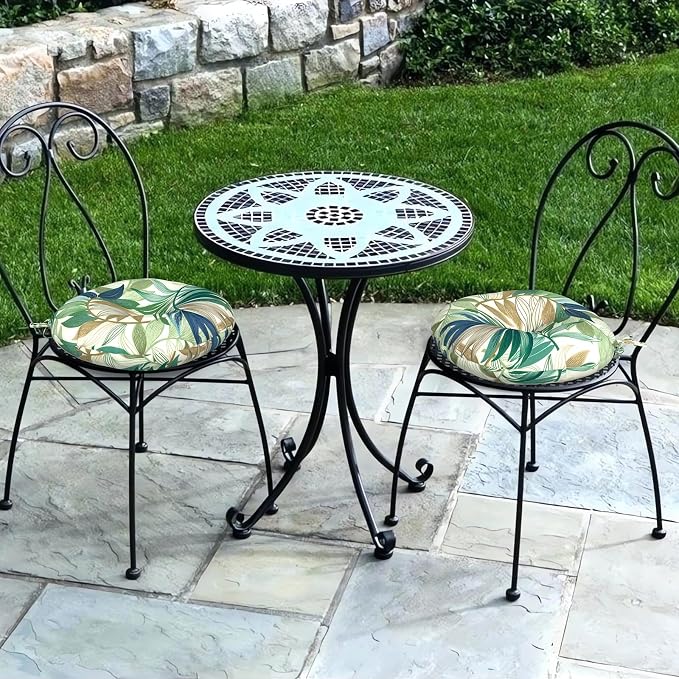 DYTXIII Set of 2 Outdoor Round Chair Cushions 15"x15"x4" with Ties, Water Repellent Tufted Bistro Seat Cushions, Thick Patio Chair Pads for Bar Stool, Garden & Dining Furniture - Lush Leaf Green