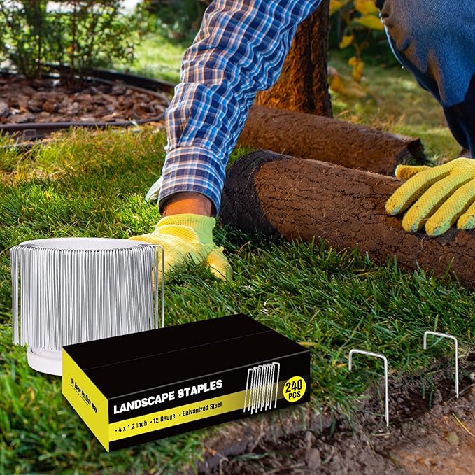 240 Pack 4 Inch Landscape Staples, Garden Staples 12 Gauge Galvanized Ground Stakes Lawn Yard Staples SOD U-Shaped Pins for Landscaping Fabric, Irrigation Tubing Hose