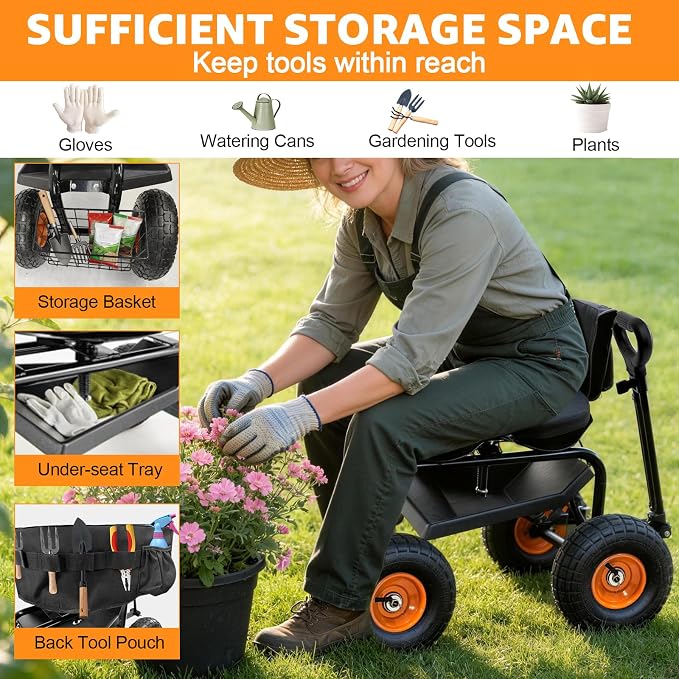 Rolling Garden Seat with Wheels, Adjustable 360° Swivel Workseat and Storage Basket, Extendable Handle, Outdoor Gardening Wagon Scooter