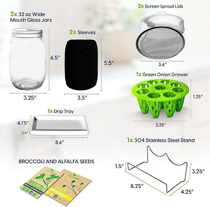 Broccoli Sprouting Kit & Green Onion Regrower with USA Organic Broccoli and Alfalfa Seeds– 2 Wide-Mouth Mason Jars with Sprout Lids, Stainless Stand, Drain Tray, Blackout Sleeves & Cleaning Brush
