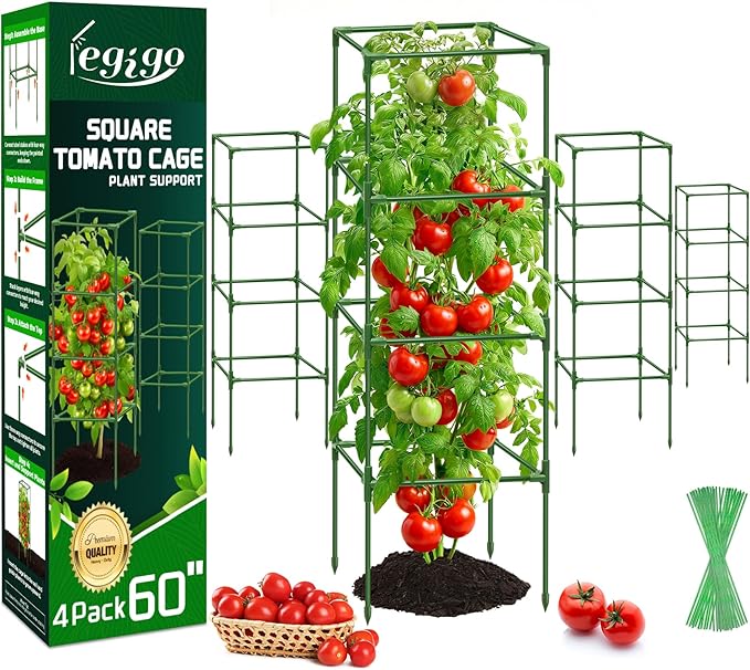 Legigo 4 Pack Square Tomato Cages- 60 Inch Heavy Duty Tomato Trellis for Climbing Plants Outdoor, Tomato Plant Support Stakes Cage Garden Trellis for Garden Raised Garden Bed Cucumbers Vegetables