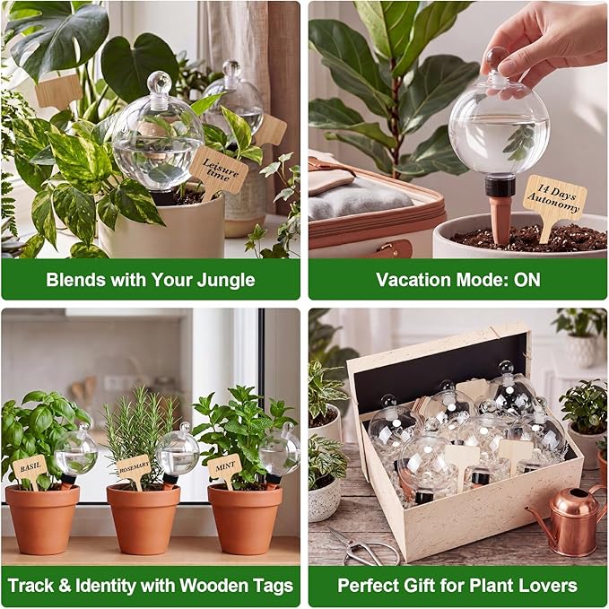 Zhehao 6 Pack Self Watering Globes with Plant Labels, 17 oz Top Fill Self Water Planter Insert Slow Release Automatic Water Bulbs Plastic Plant Watering Devices System with Terracotta Spike Stakes