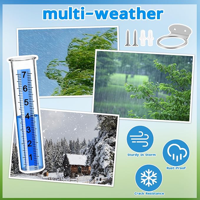 Rain Gauge Outdoor, 7" Large Capacity Rain Gauge Replacement Tube with Stainless Steel Mounting Rack Holder, Clear Numbers, Rain Gauges Outdoors Best Rated for Garden Lawn Yard Fence Patio Farm