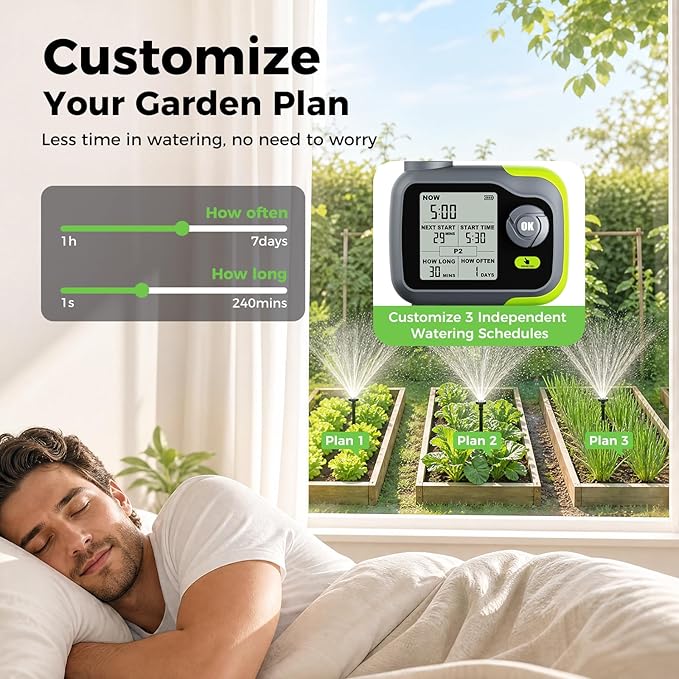 Sprinkler Timer, Watering Timer Brass Inlet for Garden Hose, Programmable Hose Timers w/Rain Delay, Outdoor Soaker Auto& Manual Drip Irrigation Controller System for Lawn Yard Greenhouse