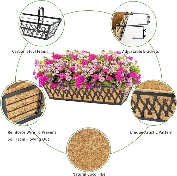 6 Pack 24 Inch Window Boxes Planters Railing Planter Box with Adjustable Brackets for Porch Fence Patio Balcony Hanging Flower Baskets with Coco Liners for Outdoor Garden Decor - Black