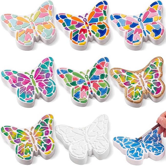 Lewtemi 8 Pcs Paint Your Own Stepping Stones for Craft, DIY Plaster Stepping Stones Garden Decor Painting Art Set for Art Class, Summer Activities & Home Decor (Butterfly)