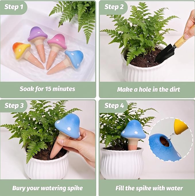 4 Pack Terracotta Watering Spikes, Vacation Self-Watering Planters Insert, Slow Release Watering Devices for Vacation Plant Watering,Mushroom Shape