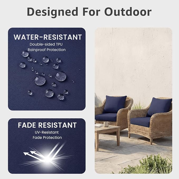 PatioGlow Outdoor Seat Cushion Set, 24" x 24" x 3.5", Set of 2, Water-Resistant & Fadeness Patio Furniture Cushions with Removable Cover & Ties, Thick Deep Seating Pads for Outside Sofa Couch, Blue