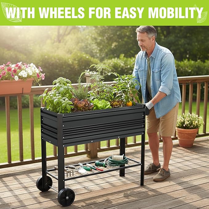 WORKPRO Galvanized Raised Garden Bed with Legs & Wheels, 37x14.6x31.6in, 400LB Capacity Elevated Planter Box for Garden, Backyard, Patio & Deck, Black