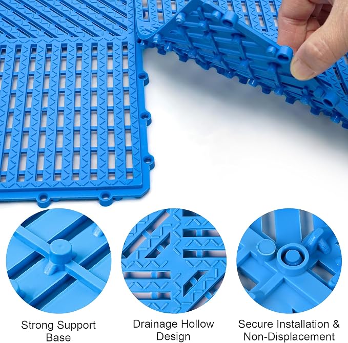 MYFAMIREA Modular Interlocking Cushion 12 Pack 11.8" x 11.8" Rubber Floor Tiles Non-Slip Splicing Drainage Mats for Deck, Pool, Shower, Patio, Balcony, Bathroom, Kitchen, Yard (Diagonal, Blue)