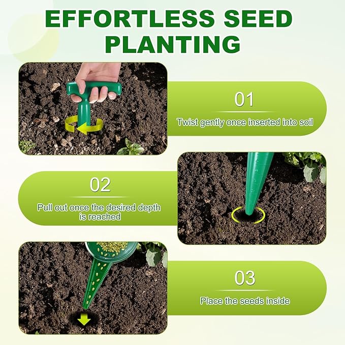 M METERXITY 1-Set Seed Planter Tool, Plastic Hand Dibber Garden Tool with Handle for Sowing Seeds/Transplanting/Planting Bulbs, Handheld Digging Hole Punch Adjustable Dispensers [Dark Green]