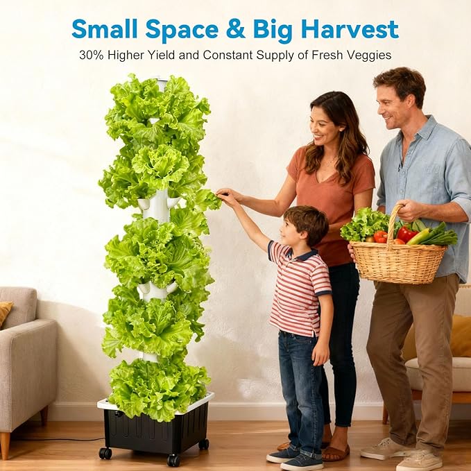 JESLED Hydroponic Tower with 5000K Full-Spectrum Grow Lights, 45 Pods Vertical 15 Tiers Hydroponic Tower, Auto Watering & Lighting for Indoor Herbs, Fruits and Vegetables, High 66.2"
