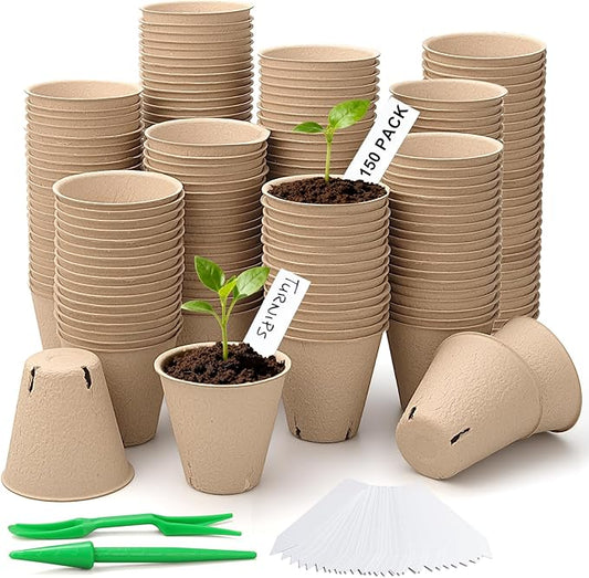 150 Pcs Peat Pots 3.15 Inch Seed Starting Pots with Drainage Holes, Round Garden Plant Nursery Pots wit 30 Plant Labels, 2 Transplant Tools.