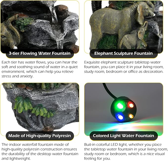 Dyna-Living Elephant Fountain Indoor Water Fountain, Tabletop Waterfall Fountain with Colorful LED Light and Rolling Ball Zen Water Feature Quiet Pump for Home Office Desk Decoration Gift