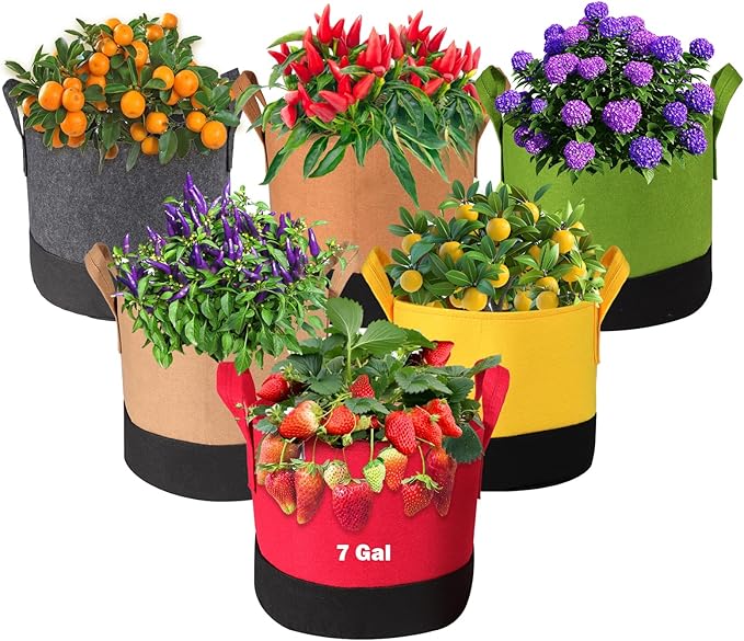 Grow Bags 5Gal/7Gal/10Gal * 2 ，6 Pack Vegetable/Flower/Plant Grow Bags ，Plant Fabric Pots with Handles for Garden and Outdoor Planting (6 Colour, 7 Gallon)
