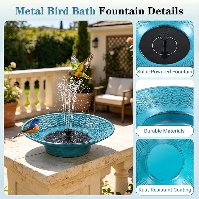 Solar Bird Bath for Outside, 12.4" Outdoor Garden Metal Bird Bath Bowl Fountain, Solar Powered Bird Bath Fountain for Garden Patio Decor, (Blue)