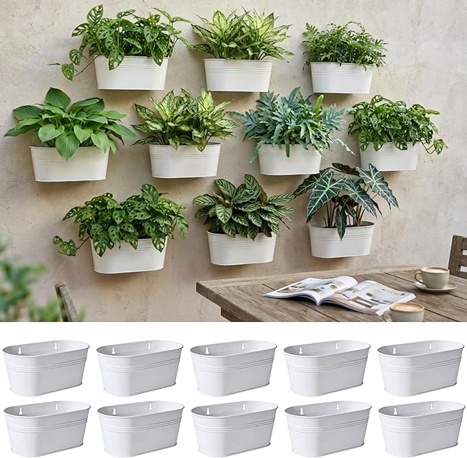 LaLaGreen Wall Planter Outdoor Plants (11.8 Inch, 10 Pack) White Metal wall Decor Flower Planter Balcony Home Decor Modern Hanging Plant Planters Indoor Window Herbs Garden Drainage Yard Pot