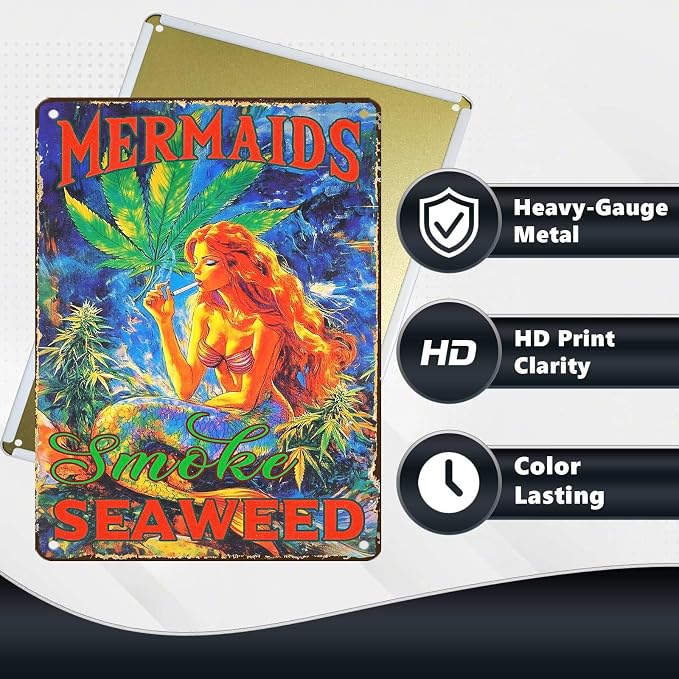 Vintage Mermaid Metal Sign Mermaids Smoke Seaweed Retro Ocean Beach Tin Sign Wall Decor Coastal Home Beach House Patio Porch Bathroom Coastal Novelty Decor Bar 16 * 12 In