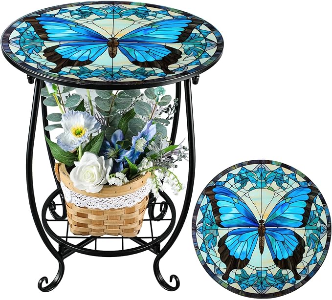 Cinnvoice Outdoor Side Table Round Small Mosaic Patio Accent Indoor End Plant Coffee Tea Table for Yard Patio Porch Garden Living Room, Bedroom