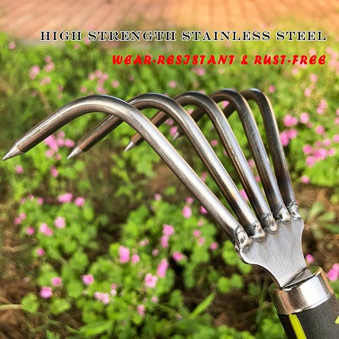 Garden Rake 5-Claw Landscape Dethatcher Thatching Beach Combing Rake for Digging Clam Shell Defoliation Hoe Garden Tool for Loosen The Soil (Green)