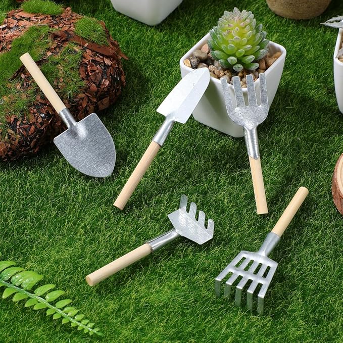 10-Pack Miniature Garden Tool Set, 3-Inch Mini Shovel Fairy Garden Accessories, Rustic Metal & Wood Tiny Tools for Dollhouse, Terrarium, Planter Decor, Zen Set