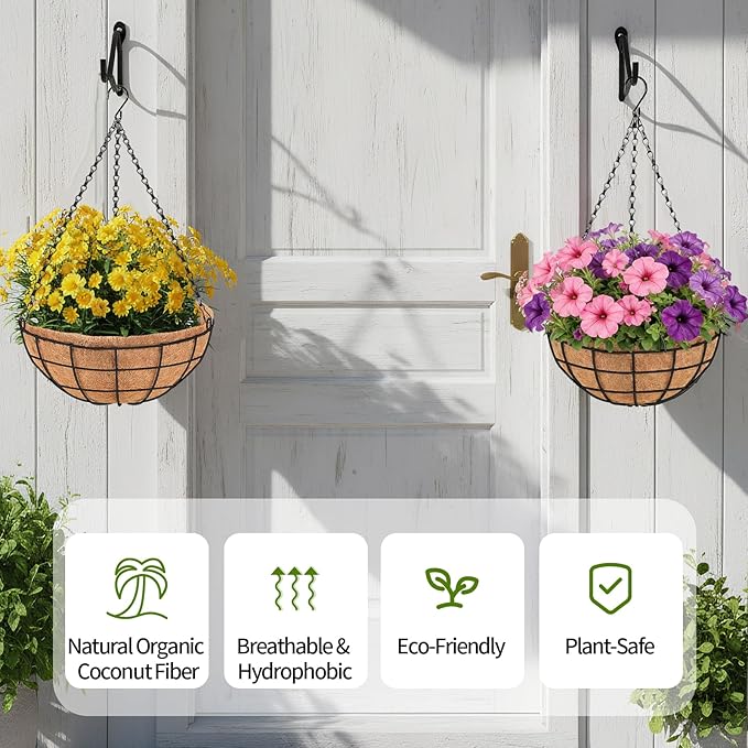 18 Inch Hanging Baskets for Plants Outdoor, 4 Pack Large Hanging Planters for Outdoor Plants, Round Wire Hanging Flower Pots with Coconut Coir Liners for Garden, Deck, Porch, Balcony
