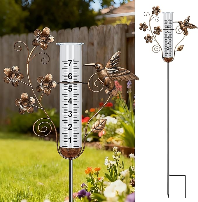 Rain Gauge Outdoor - 35" Large Hummingbird Decorative Rain Gauges Feezeproof, Metal Flower Water Gauge for Rain for Garden Yard Decor