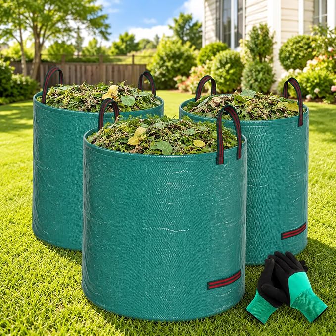 FEED GARDEN 72 Gallon Reusable Yard Waste Bags, 3 Pack Heavy Duty Garden Waste Bags with Plastic Ring, Stand Upright Lawn & Leaf Bags with 4 Reinforced Handles, Includes Gardening Gloves