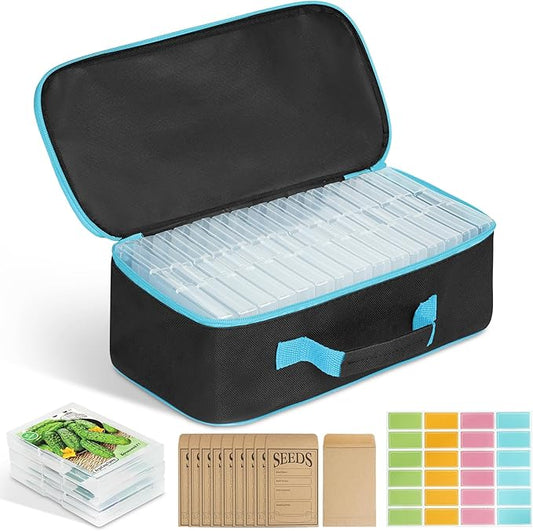 15 Slots Seed Storage Organizer Box with 20 Seed Envelopes, Large Capacity Seeds Storage Container with Zipper Bag Label Stickers, Seeds Saving Container for Garden Vegetable and Flower (Blue)