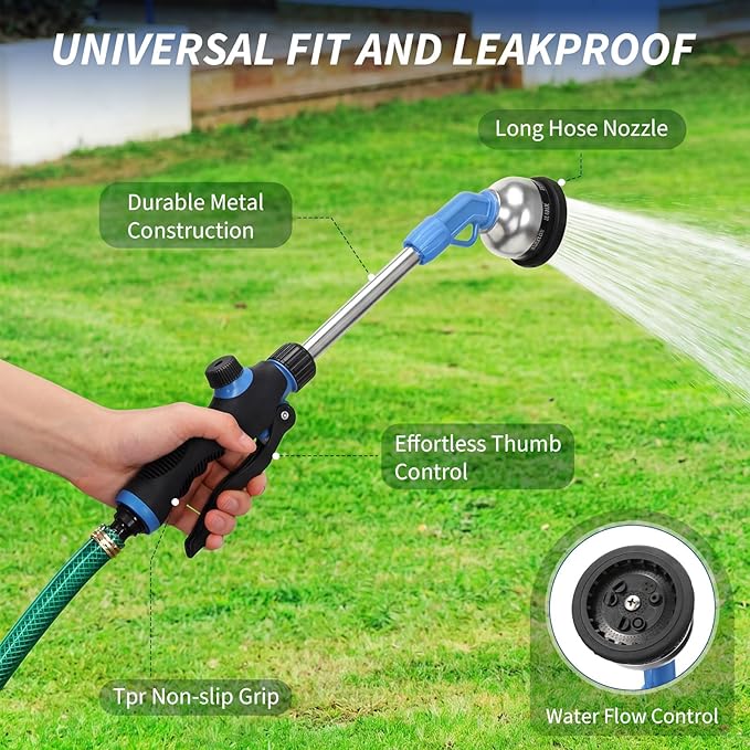 Hushee 2 Pack Garden Hose Wands 16'' Heavy Duty Metal Watering Wands with 180° Swivel Head Adjustable 9 Spray Patterns Long Hose Nozzle Sprayer Control for Hanging Baskets Tall Plants Car Wash