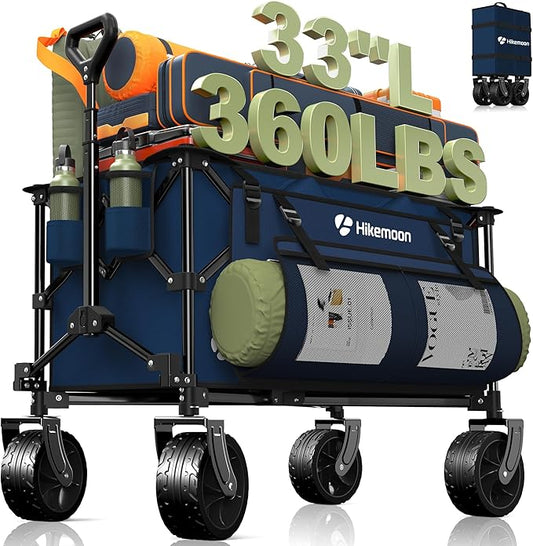 Hikemoon 150L Collapsible Wagons Carts Foldable, 360LBS Heavy Duty Folding Beach Cart with Big All-Terrain Wheels, Portable Utility Wagon for Grocery, Shopping, Garden, Sports, Blue