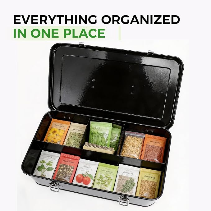 Premium Seed Organizer Box with Internal Compartments and Divider Tabs. (Black)