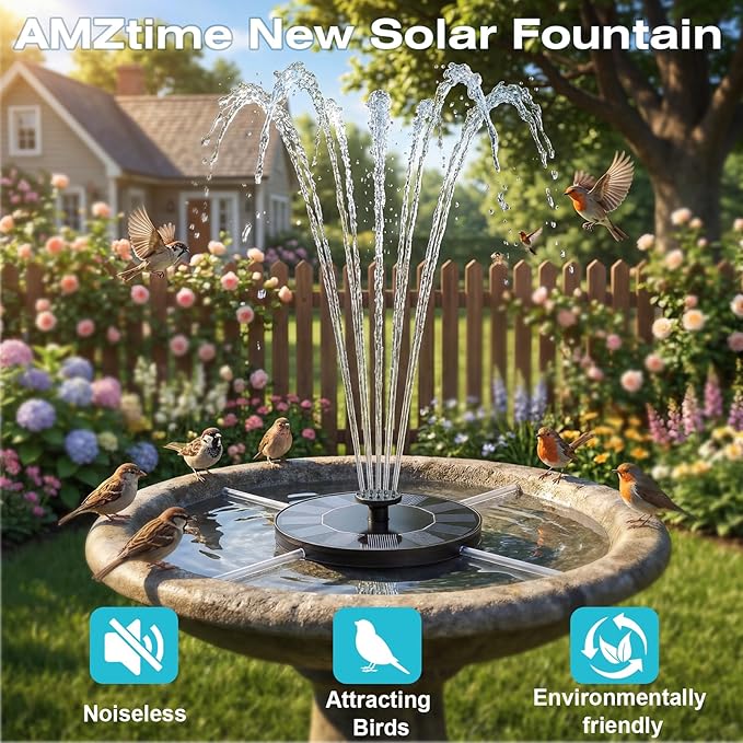 AMZtime 1.4W Solar Fountain with 4 Fixed Rods, 2026 Solar Fountain Pump with Upgraded Solar Panels, Solar Powered Floating Water Fountain Pump for Bird Bath, Garden, Ponds, Fish Tank and Outdoor