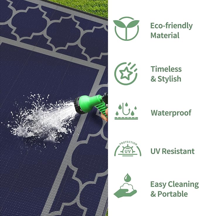 GENIMO 4 ' x 6 ' Outdoor Rug for Patio Clearance, Waterproof Indoor Outdoor Plastic Straw Rugs Carpet, Reversible Outside Area Rv Mat for Camping, Balcony Porch, Deck, Picnic, Beach (Blue & Gray)