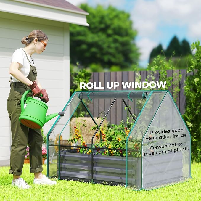 Outsunny 4 x 3ft Metal Planter Box with Mini Greenhouse, Galvanized Raised Garden Bed with Cover for Herbs and Vegetables, Small Greenhouse for Patio Garden Balcony, Clear and Dark Gray