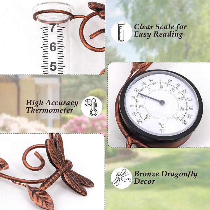 Rain Gauge Outdoor, Coppery Dragonfly with Thermometer Rain Gauges,Used for Measuring Precipitation and Temperature Garden Decor