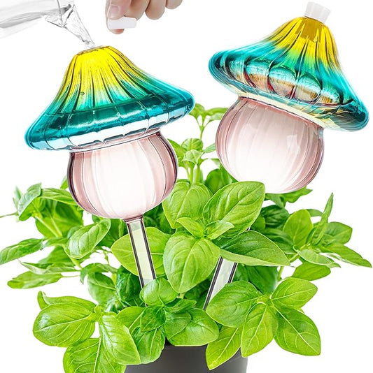 11 oz Large Plant Watering Globes, Mushroom Gradient Color Glass Watering Bulbs, Vacation Plant Watering Devices, Self Watering Globes - Self Watering Planter Insert for Travel (Large 2-Pack)