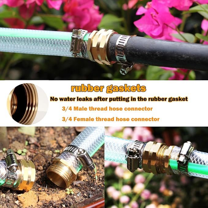 SIGURANTA Garden Hose Repair Connector with Clamps Hose End Repair Kit,3/4" Barb Garden Hose Fittings Male and Female brass garden hose ends (3/4"Barb-2 Set)