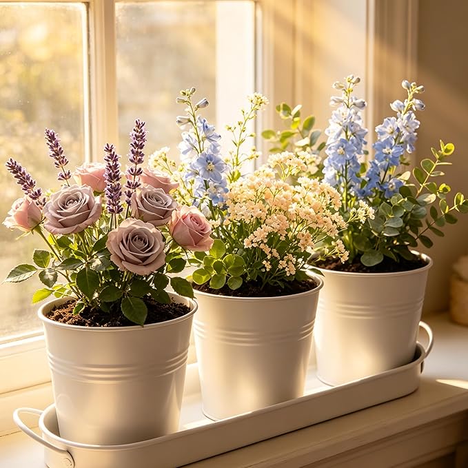 TCBWFY Indoor Herb Garden Planter Set - 3 Pack 4.7" White Metal Plant Pots with Drainage Holes & Removable Tray - Windowsill Kitchen Counter Balcony Office Garden