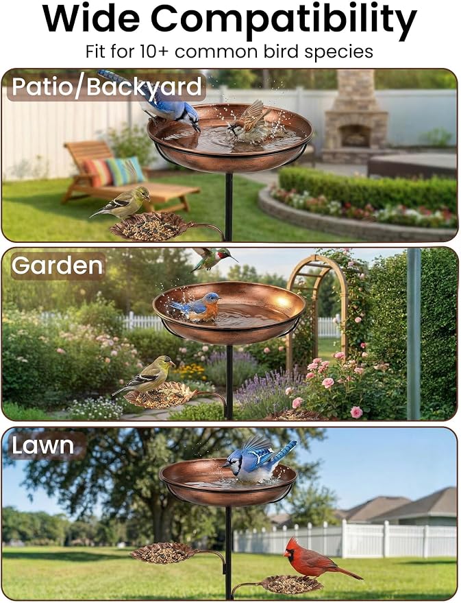 Metal Bird Bath for Outside - Stable Copper Birdbath with Thickened 5-Prong Base | Windproof Heavy Duty Bird Feeder for Garden, Removable Bowl, Rust-Resistant