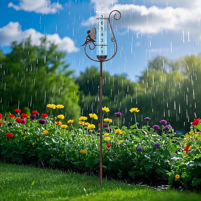 WONDER GARDEN Rain Gauge Outdoor, Decorative Fairy Rain Gauges Outdoors Best Rated, Freeze Proof Glass Water Rain Measure Gauge with Blue Bead for Yard Patio Lawn Decor