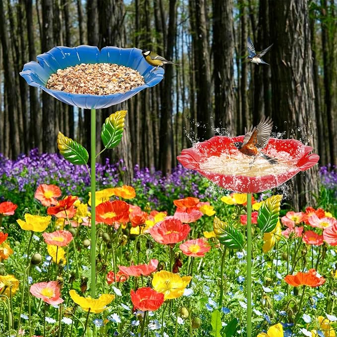 2 Pack Bird Baths for Outdoors, Colorful Metal Bird Bath for Outside, Hummingbird Bath with Five Stakes, Garden Flower Small Birdbath for Garden Decor, 31.3" H x 10.63" Dia (Cyan, Deep Red)