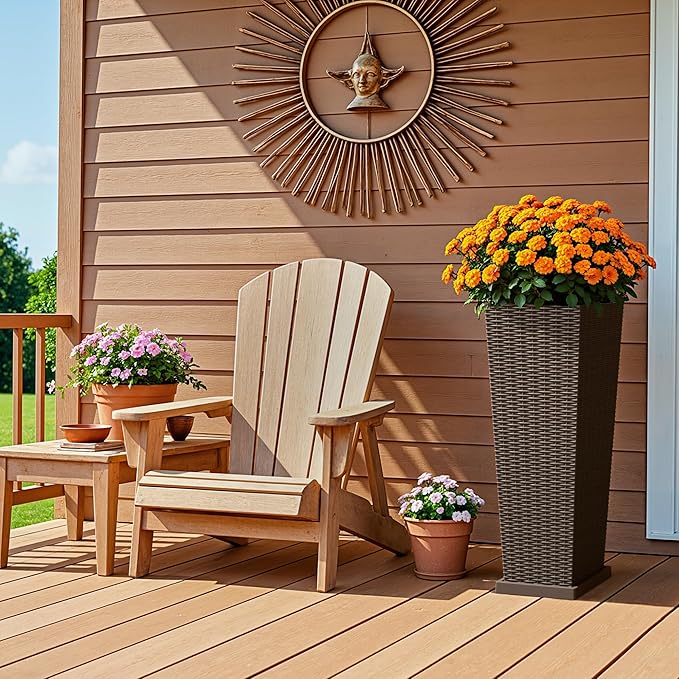 Devoko Resin Tall Planters for Outdoor Plants Set of 2, Large Taper Outdoor Planter Pots with 4 Drainage Holes, Flower Pots Modern Decor for Porch, Patio, Backyard, Garden(Brown, 32" with Trays)