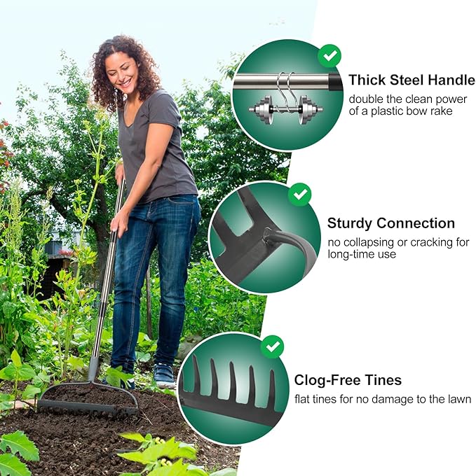 Garden Rake, 6 ft Bow Rakes for Lawns Heavy Duty, Yard Metal Rake with Adjustable Long Handle, 14 Tines Head, Gardening Tool for Loosen Soil, Gather Leaves, Level Mulch, Remove Debris