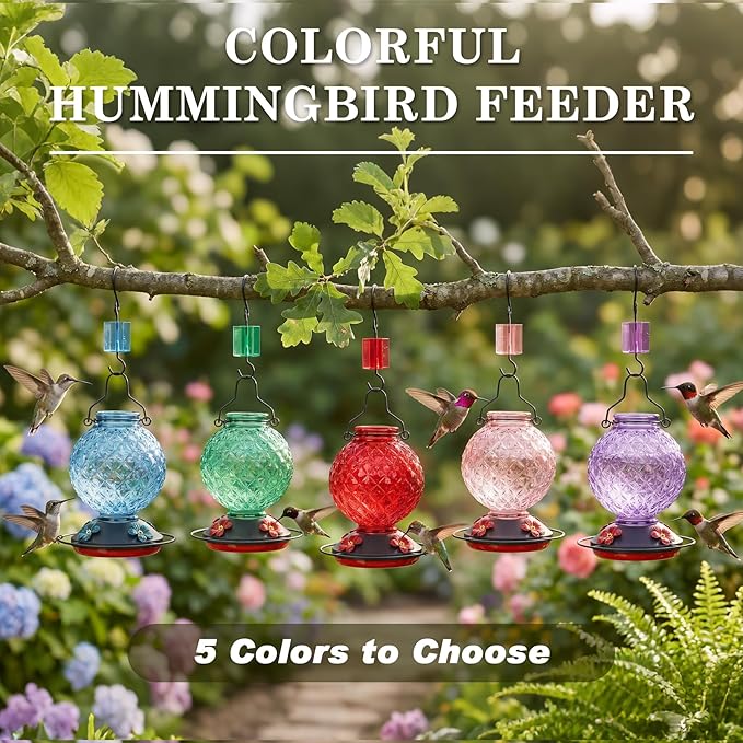 25 OZ Glass Hummingbird Feeder for Outdoors, Leak Proof Hummingbird Feeder with Ant Moat, 4 Bee Resistant Feeding Ports, Easy Clean Wide Mouth Design, 360° Perch, Hanging Nectar Feeder, Red