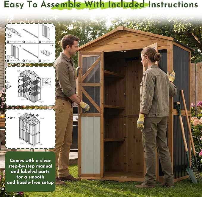 Outdoor Wooden Storage Shed Cabinet with 6 Adjustable Shelves | 48.8'' Tall Outdoor Cabinets with Lockable Double Doors, Transparent Window, Hooks, Reinforced Structure, Waterproof Roof