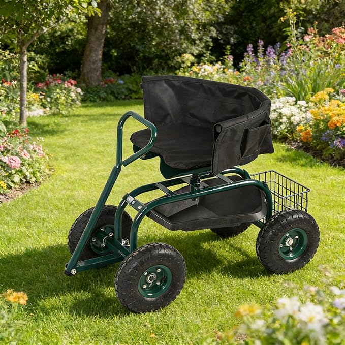 Rolling Garden Cart - Outdoor Workseat with Seat Cushions and Wheels, Heavy Duty Garden Tool Cart with Storage Bracket and Tool Tray for Yard, Planting Gardening Work (Green)