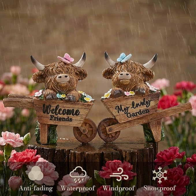 TERESA'S COLLECTIONS Garden Decor, Set of 2 Cute Highland Cows Sitting in Cart Garden Decor, Waterproof Resin Garden Statue, Highland Cows Gift, Garden Gift for Women Mom, Indoor/Outdoor