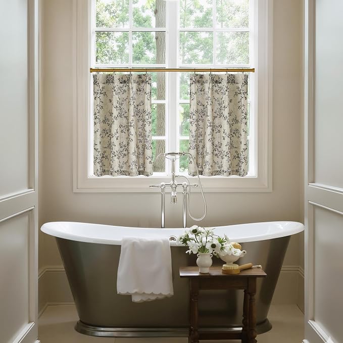 StangH Cottage Pinch Pleat Cafe Curtains, Floral Pattern with Natural Linen Window Tiers, Light Filtering Privacy Farmhouse Cabinet Drapes for Kitchen/Laundry Room, W26 x L30, Porcelain, 2 Panels